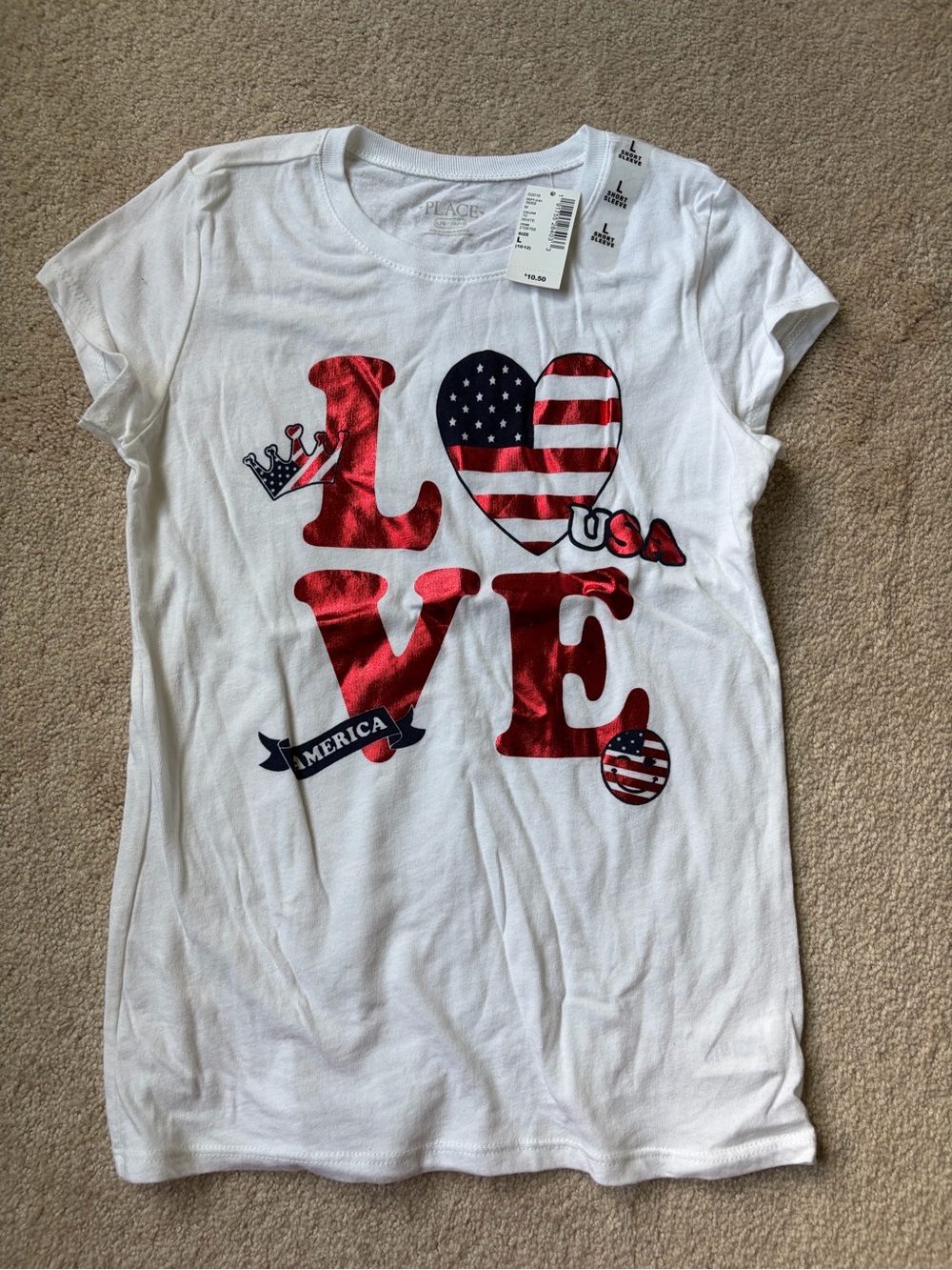 The Children's Place White Tee with Red Metallic LOVE and USA Flag Heart